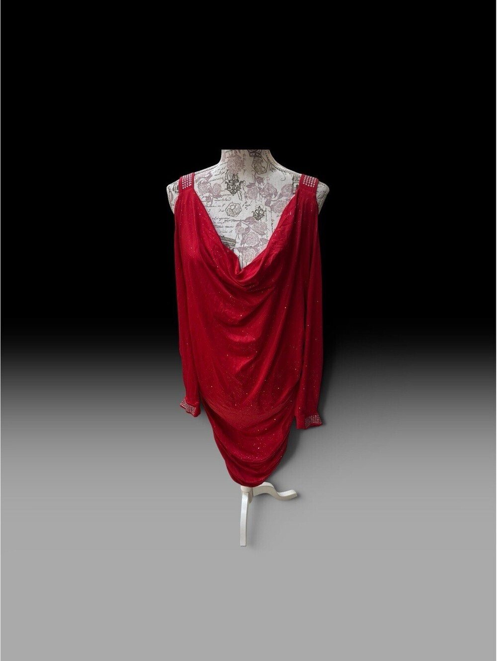 VTG Open Long Sleeve Red Sparkly Fitted Dress Sz 4XL Streetwear Mob Wife Stretch